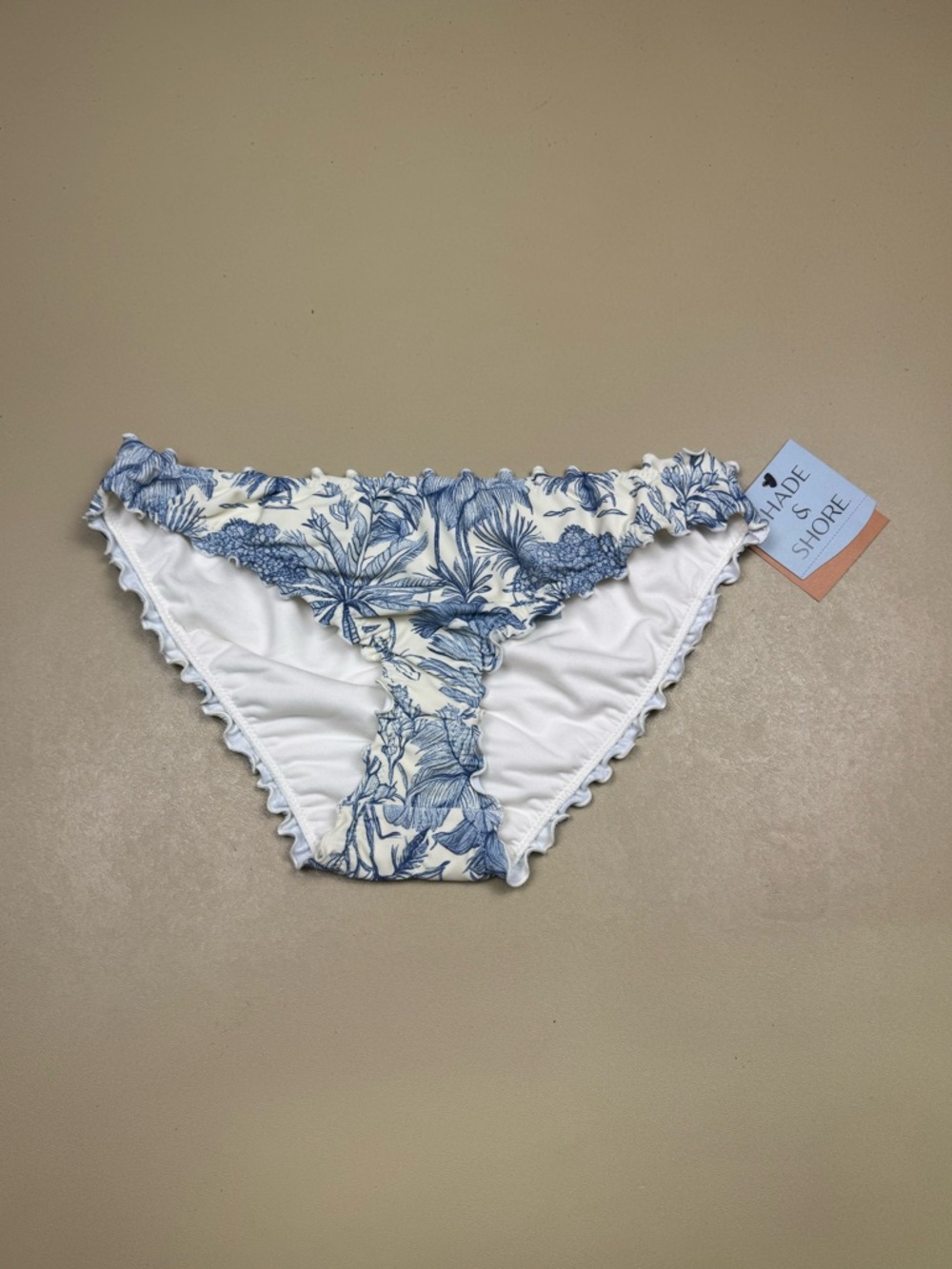 Shade & Shore Blue White Floral Bikini Bottom Ruffle Trim Small NWT